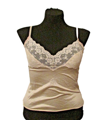 L'eggs 8510 Beige Semi-Sheer Silky Nylon Lace Camisole Cami Slip Top 38 USA made