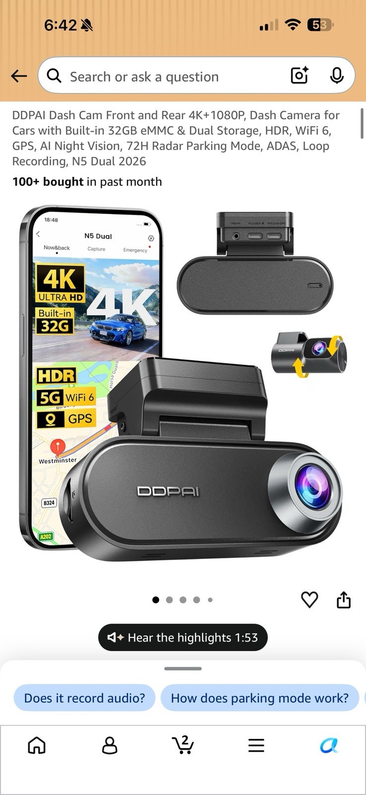 DDPAI Z50 Pro Dual Dash Cam 4K+1080P for Cars Front and Rear