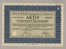 Rassbach & Kralle AG – akcje powyżej 100 RM, wydane w MAGDEBURGU, 1925