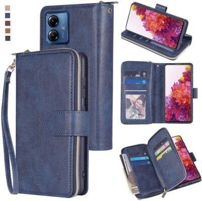 For Motorola Moto G14 Zipper Case 9 Card Slots With Strap Wallet