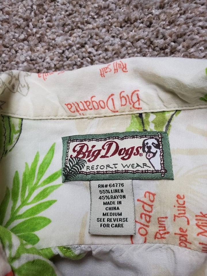 Vintage Big Dogs Hawaiian Shirt Medium Mens Linen Blend Floral Cocktails Y2K - Image 4 of 4