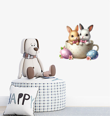 Osterhase Hase in Tasse Blumenei Wandbild Laptop Vinyl Aufkleber Abziehbilder a9958