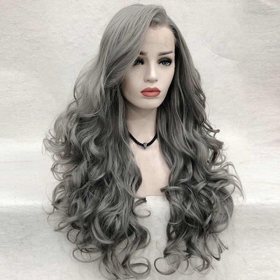 Lady Grey Wig Large Wave Curly Long Hair Nature Lace Front Curls