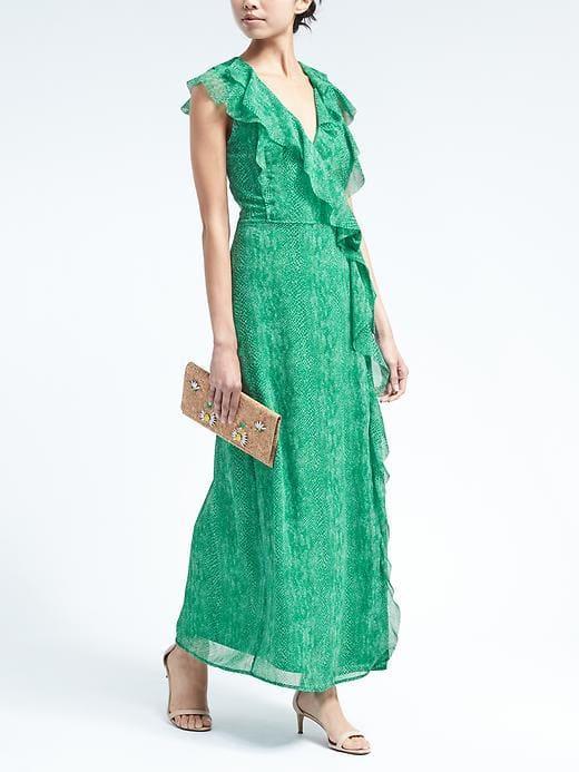 Banana Republic Snake-Print Ruffle-Wrap Maxi Dress, Green SIZE