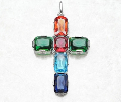 Cross Pendant 925 Sterling Silver Princess Rainbow Multi Color Gemstones
