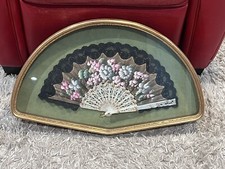 Antique French hand paint Fan in wood carved gold gilt frame wall plaque