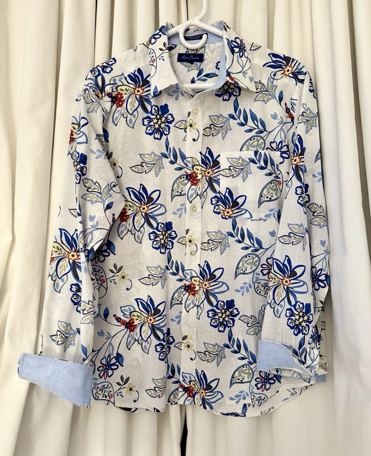 Alan Flusser Shirt Men Blue White Long Sleeve Linen/Cotton Sz L