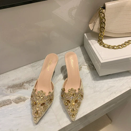 Mujer Moda Puntera Punta Punta Diamante Mulas Zapatillas Gatito Tacones Medianos Zapatos Vestido - Imagen 9 de 15