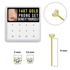 12PCS 14K Solid Gold Prong Set 22G Clear Crystal CZ Fishtail Nose Stud 11mm