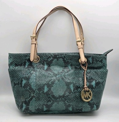 Michael Kors Purse Turquoise Python Embossed Leather Shoulder Tote Bag Logo FOB