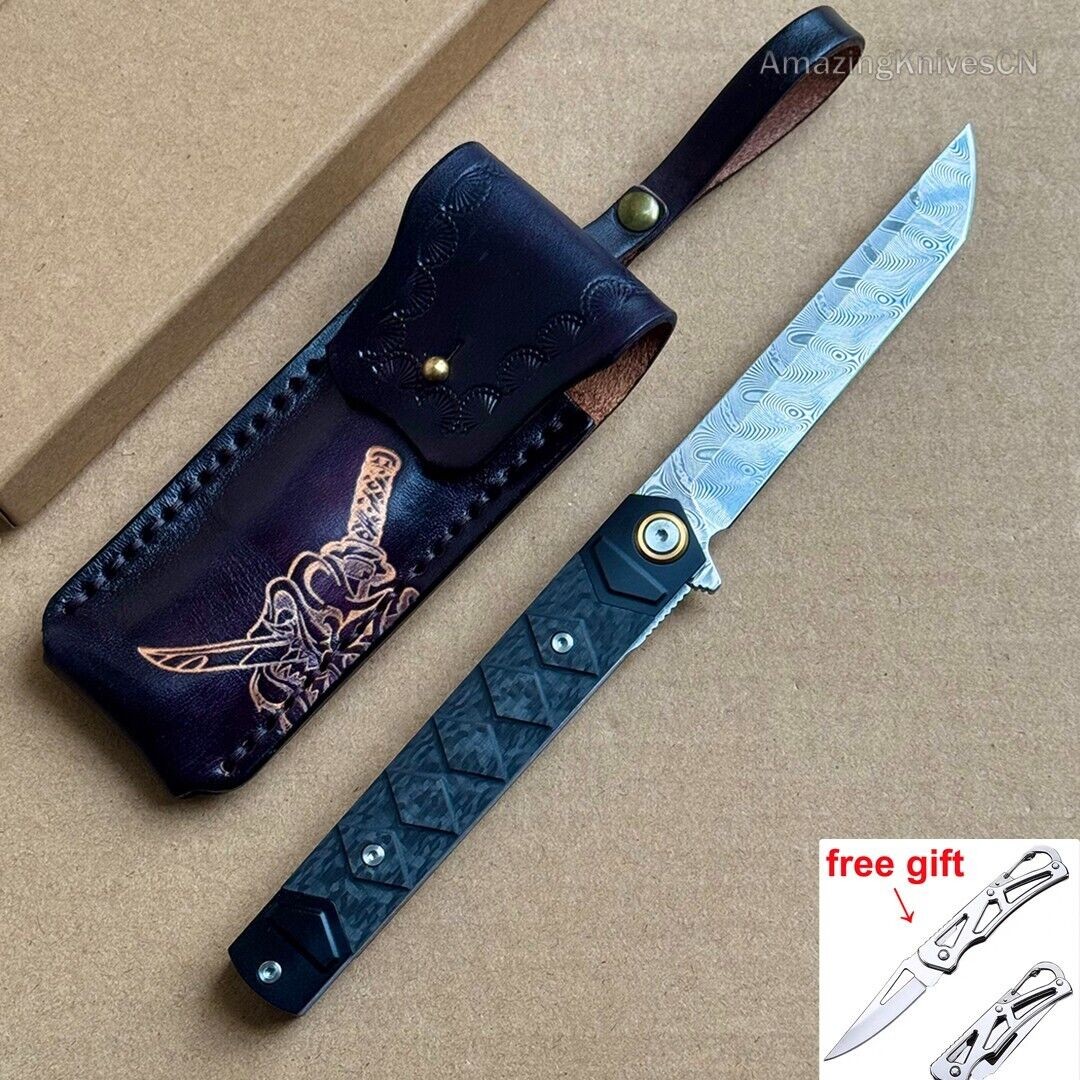 Cuchillo de bolsillo plegable de acero Damasco hecho a mano funda mango de...