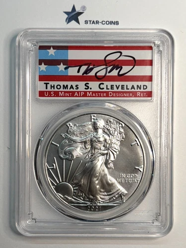 2021 P Silver Eagle PCGS MS70 Thomas Cleveland Singed Americana Label FDOI
