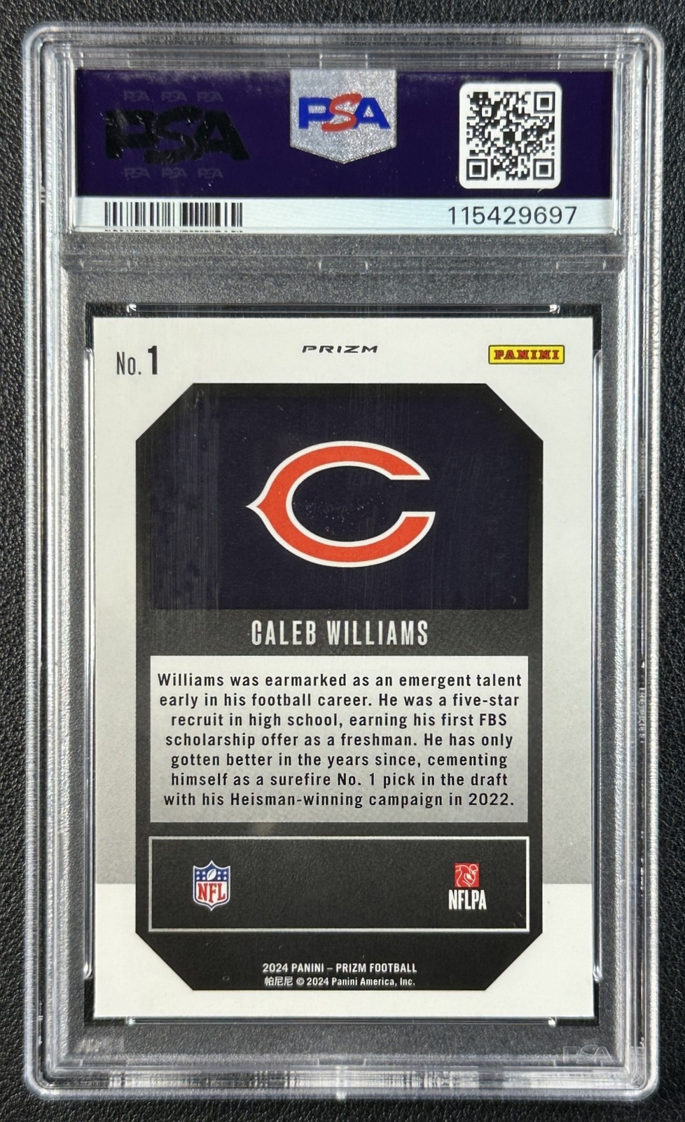 CALEB WILLIAMS PSA 9 2024 PANINI PRIZM #1 ROOKIE EMERGENT NO HUDDLE RC BEARS 697 view 2