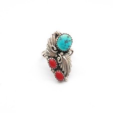 925 Sterling Silver Native American Turquoise Coral Ring Size 8