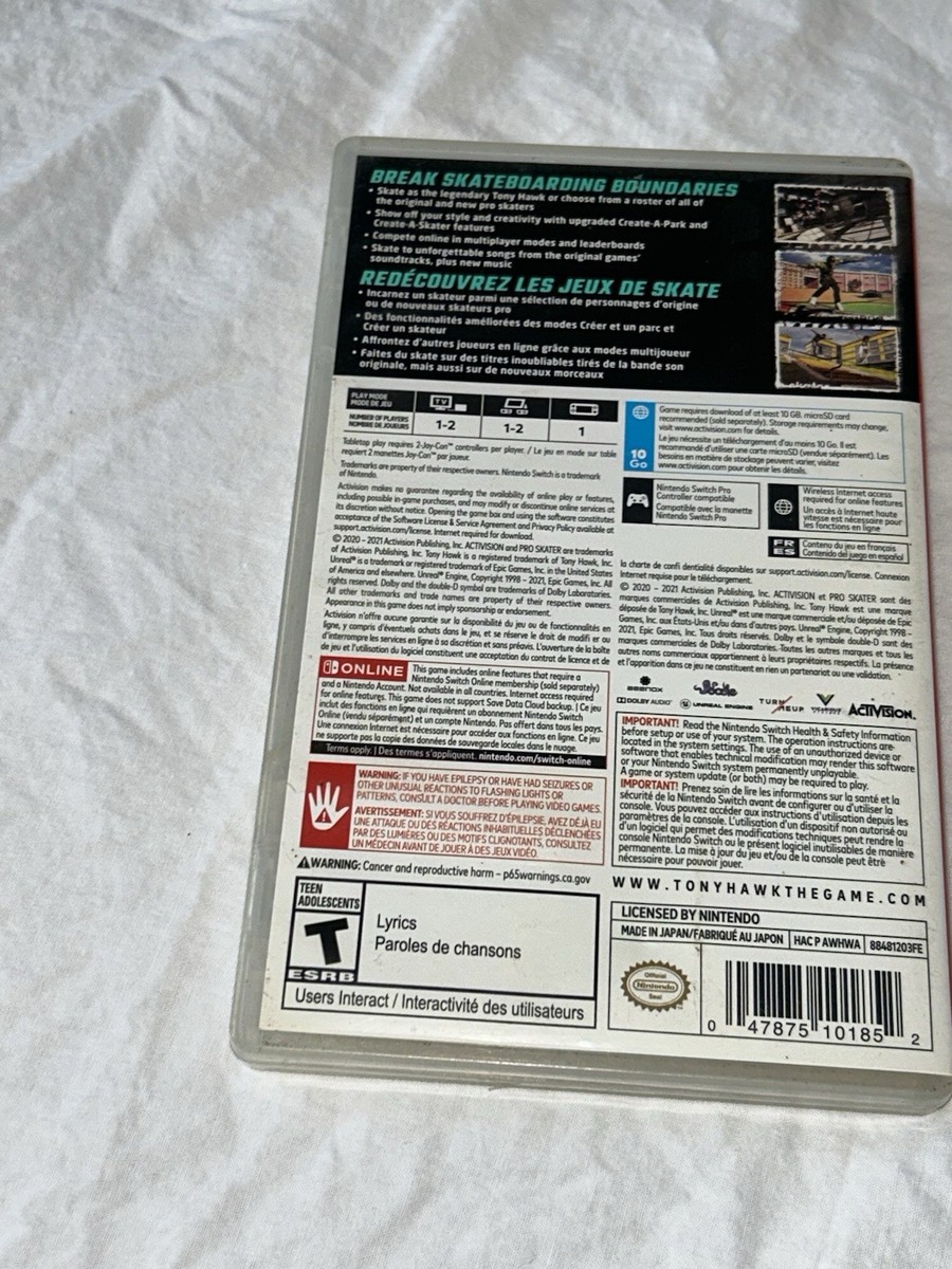 Tony Hawk's Pro Skater 1 + 2 Pour Nintendo Switch - Neuf - Version Multilingue (FR/EN/DE/ES/IT)