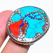 Turquoise Red Coral Gemstone Ring Handmade Tibetan Nepali Jewelry 9" NR 3356