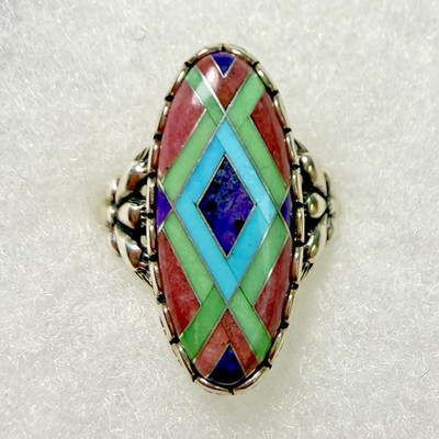 Carolyn Pollack Vintage Sterling Silver Multi-Stone Mosaic Geometric Inlay Ring
