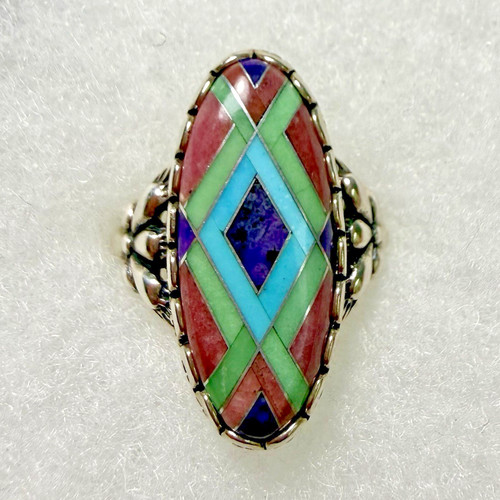 CAROLYN POLLACK Vintage Sterling Silver Multi-Stone Mosaic Geometric Inlay Ring