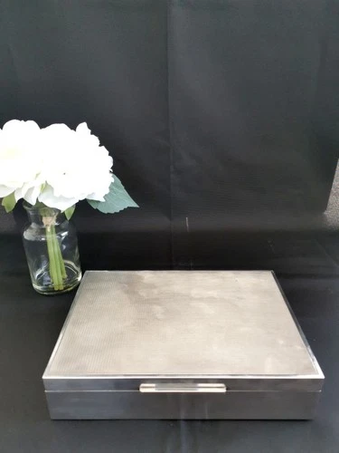 Very Large Silver Metal Cigar Box Coffret — Art Deco Desk Decor