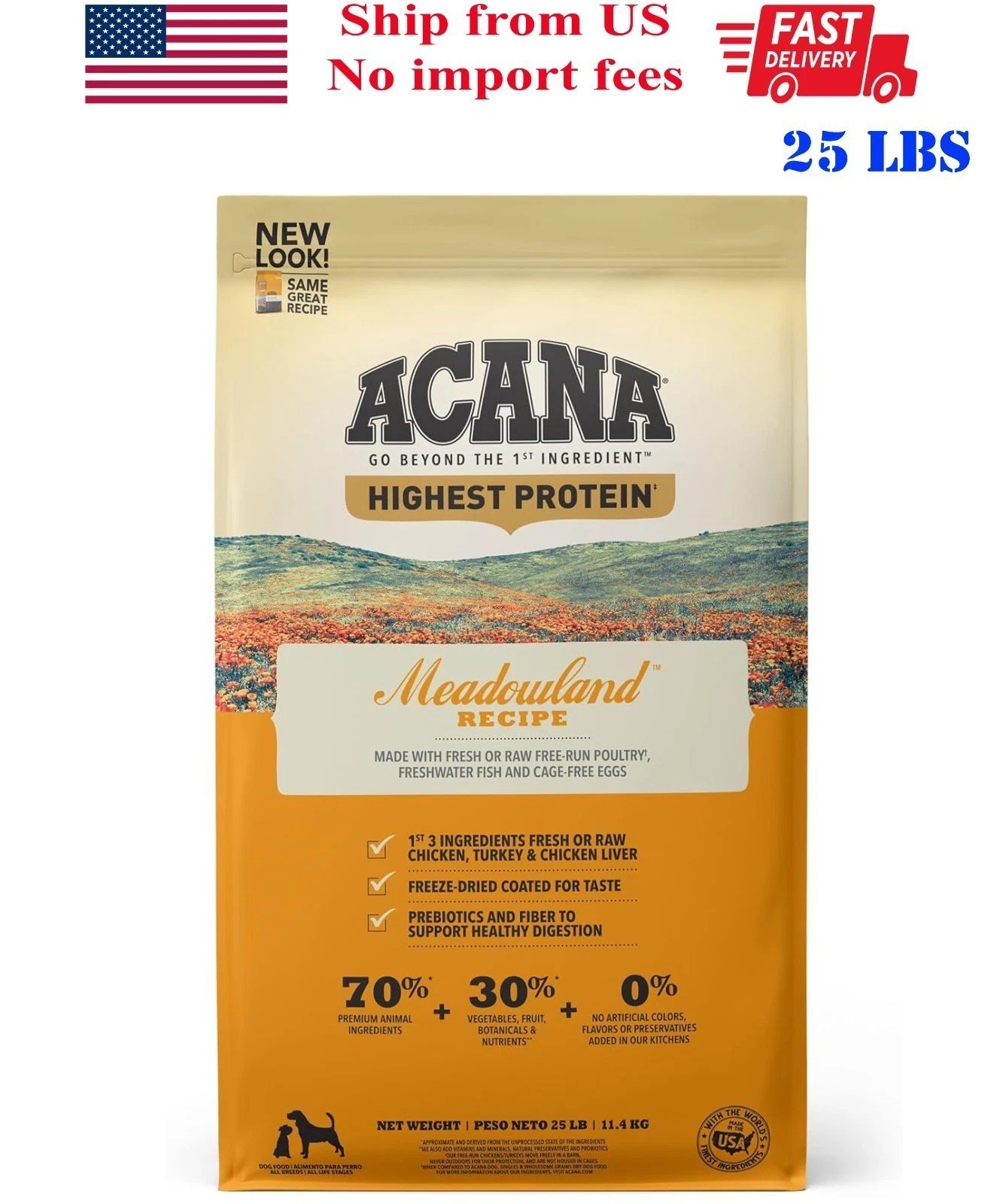 ACANA Highest Protein Meadowland Grain Free Dry Dog Food, 25 lbs, ship from US.
