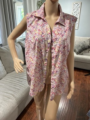 Basic Editions Floral Collared Sleeveless Button-Front Top Shirt Plus 1X