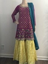 Fancy Banarsi Yellow Lehnga Embroidered Purple Kameez Party Wear Pakistani Women