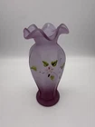 Fenton Style Frosted Purple Glass Vase w/Ruffle Top - Hand Painted - 8" Tall