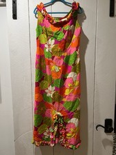 Vintage Alice Polynesian Fashions 1960s Ruffled Fluorescent Floral Maxi Dress