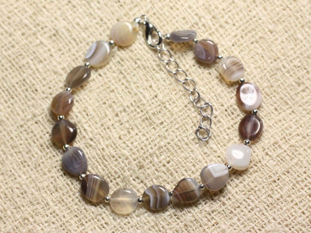 Bracelet Agate Botswana Argent 925 contre le stress quotidien, perles ovales 7mm