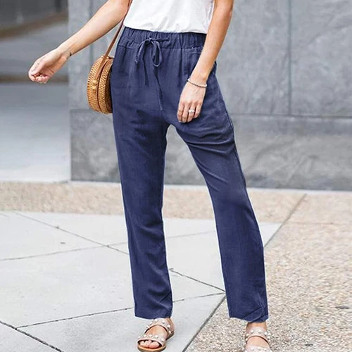 Damen Gerade Elastische Taille Hose Kordelzug Baumwolle Leinen Freizeit Lockere Hose - Bild 20 von 43