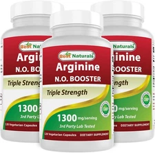 3 Pack Best Naturals L-Arginine NO BOOSTER 1300 mg 120 Vegetarian Capsules