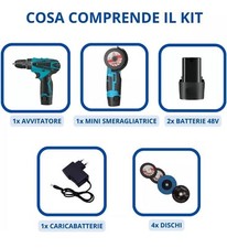 Kit Trapano Avvitatore a Batteria Mini Smerigliatrice Angolare 12V 2 Batterie - Miniatura 4