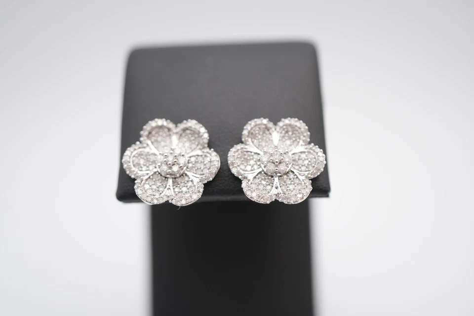 10k White Gold Diamond Cluster Flower Earrings 16mm Wide Prong Set - Image 2 of 4