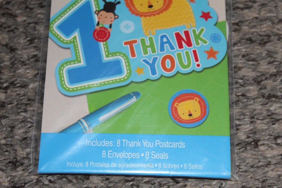 1er CUMPLEAÑOS NIÑOS FIESTA CUMPLEAÑOS TARJETAS DE AGRADECIMIENTO MONO LEÓN 8 UNIDADES Foto 3 de 4