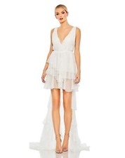 Mac Duggal 55320 PLUNGE NECK RUFFLED HI-LOW CHIFFON GOWN Sz 2 White