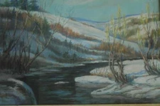 Beautiful Vintage Pastel Winter Landscape With Stream and Hills WL Monogram