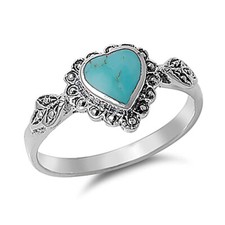 Fine Women 10mm 925 Silver Turquoise Vintage Style Heart Promise Ring Band