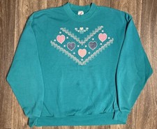 Vintage 1980s Heart Flower Teal Blue Grandma Style Crewneck Sweatshirt Large
