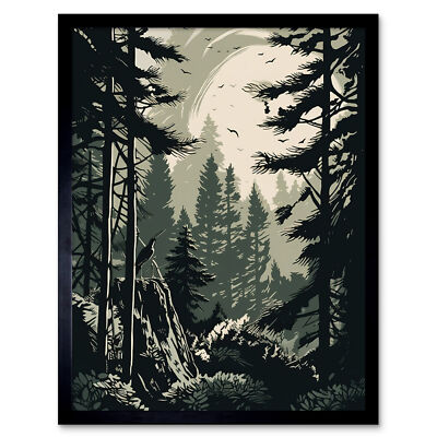 Kiefer Wald Sonnenaufgang Landschaft Illustration gerahmter Wandkunstdruck 9 x 7 Zoll