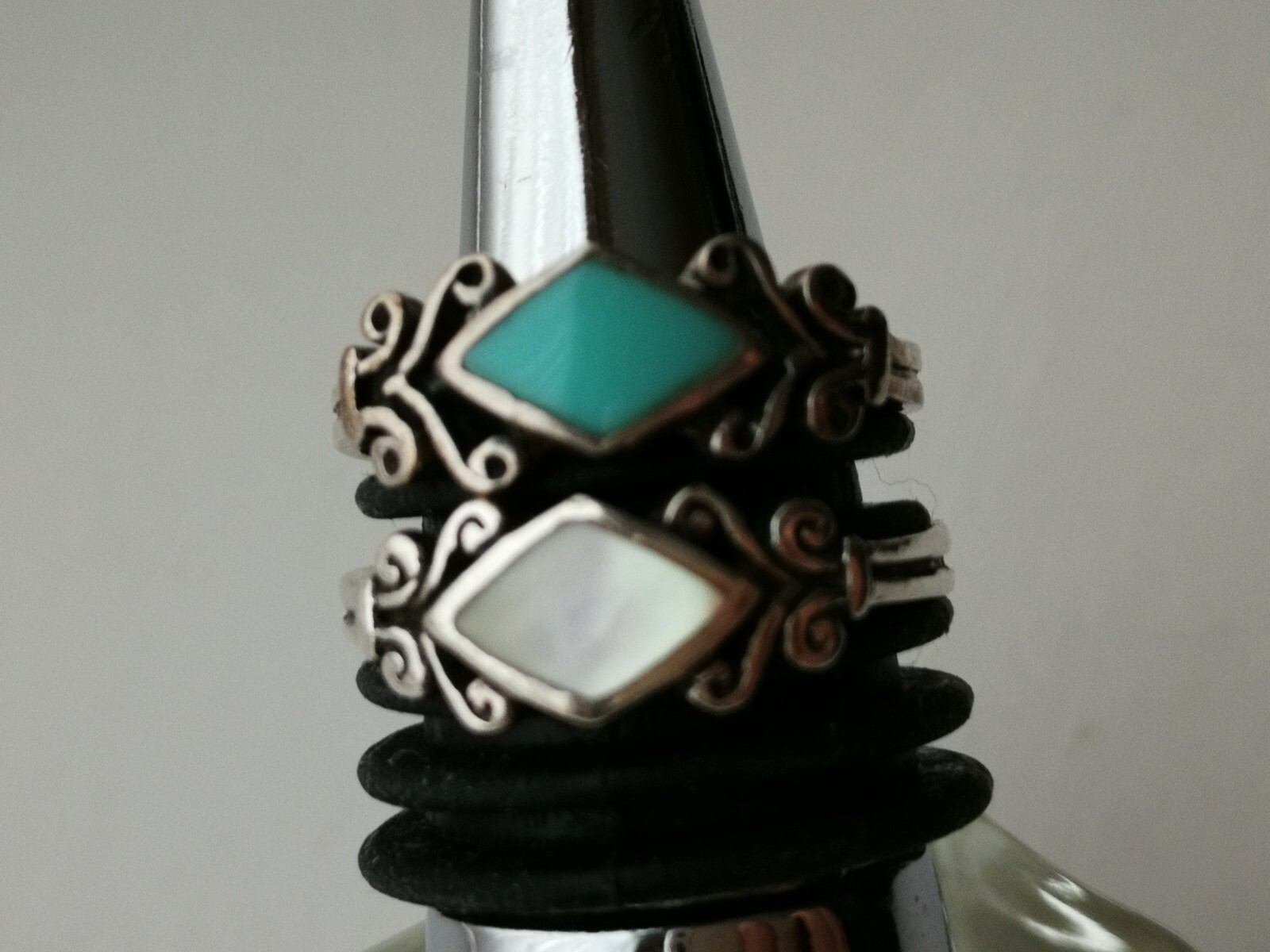 2 Stackable CW 925 Sterling Silver Turquoise Sz 8… - image 1