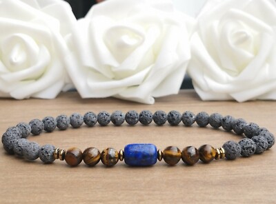 Blue Lapis Lazuli Tigers Eye & Grey Lava Stone Beaded Stretchy Stacking Bracelet