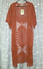 Terracotta Orange Sheer Lace Long Kimono Open Cardigan Cover Up Duster SMALL