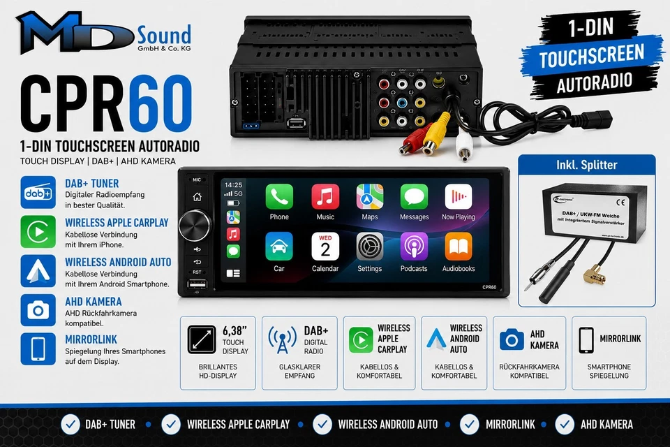 Ampire CPR60 Smartphone 1DIN Radio - 6.38'' (162mm), Dual-DAB+, AHD Kameraeingän - Bild 1 von 4