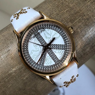 Marc Ecko Women 00-829-1972 Dress Peace Sign Leather Quartz 34mm Watch 7 1/4''