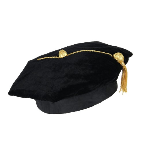 Black Velvet Doctoral Graduation Tam With Gold Tassel - Adjustable 8-Sided Cap For PhD Graduates