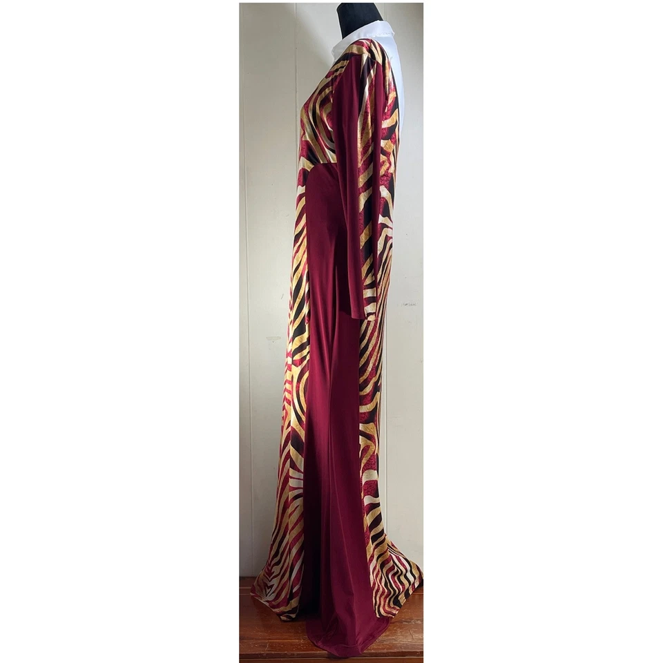 Sexy Maxi Vestido Diva Estampado Cebra Manga Larga Malla Cuello en V Borgoña 2X Foto 2 de 4