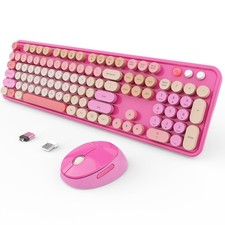 Wireless Keyboard and Mouse Combo, Ergonomic Full Size Typewriter Retro Round...