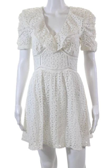 Self Portrait Womens Cotton V-neck Short Sleeve Lace Lined Dress White Size 04