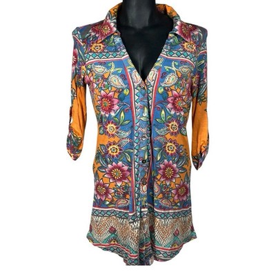 Derhy Small Button Down Shirt Top 3/4 Roll Sleeves Embellished Vacation Colorful