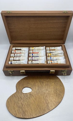 WINSOR & NEWTON Artists Oil Colour 22 Tubes in Wooden Cheaney Travel Case Box